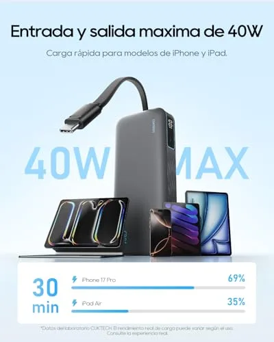CUKTECH ▫️ Power Bank 20000mAh Bateria Externa Carregamento Rápido 40W Cabo USB-C Integrado PD3.0 Carregador Portátil com LED Compatível com iPhone 17/16/15, Samsung S24/S25, Xiaomi, iPad 2