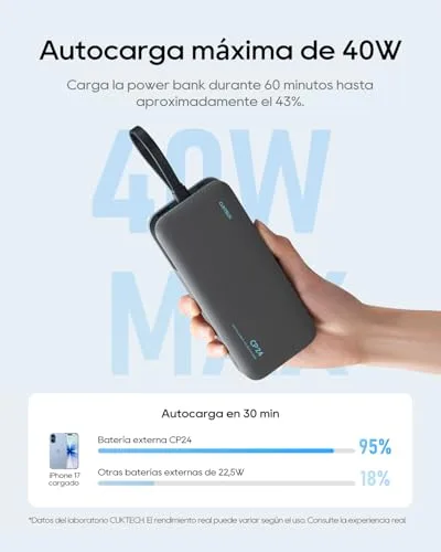 CUKTECH ▫️ Power Bank 20000mAh Bateria Externa Carregamento Rápido 40W Cabo USB-C Integrado PD3.0 Carregador Portátil com LED Compatível com iPhone 17/16/15, Samsung S24/S25, Xiaomi, iPad 3