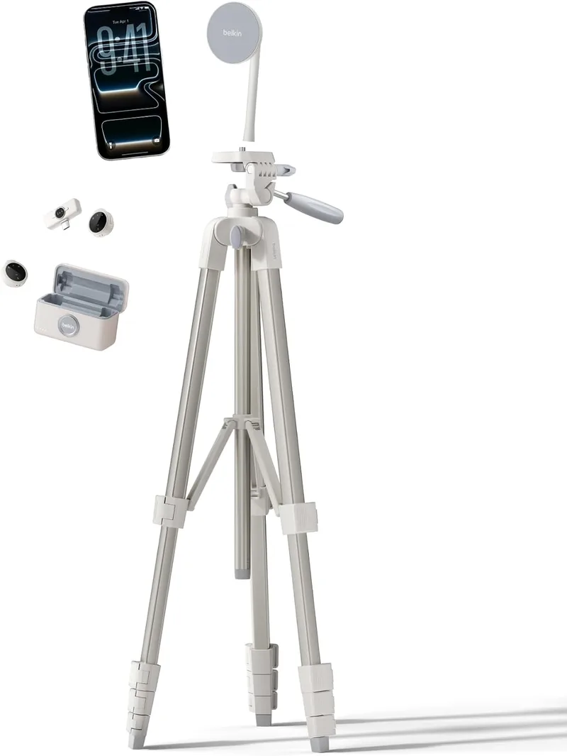 Belkin ▫️ Kit Stage Creator para criação de conteúdos com tripé, suporte magnético para telemóvel e dois microfones sem fios, kit de vlogging, pacote de gravação de vídeo, TikTok, YouTube e Instagram