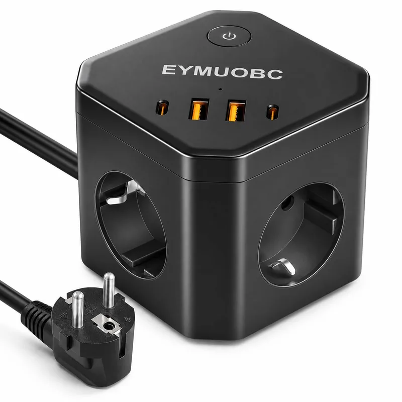 EYMUOBC ▫️ Multitoma 8-em-1 com USB-C, carregamento rápido de 20 W e proteção contra sobretensão, 4 tomadas com interruptor, 3680 W, cabo de extensão de 2 m, para casa, escritório e viagens