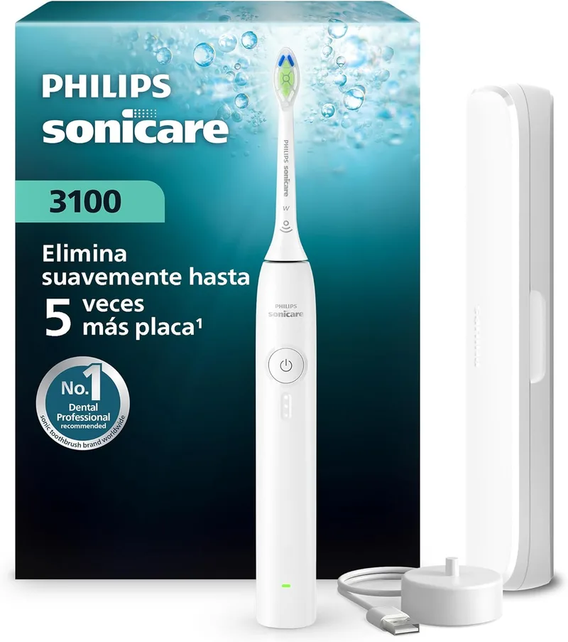 PHILIPS ▫️ Escova de dentes Sonicare Série 3100 - Escova de dentes sónica com sensor de pressão, 3 níveis de intensidade, função EasyStart, SmarTimer, autonomia de 14 dias, estojo, branca, HX4033/21, [Nova]