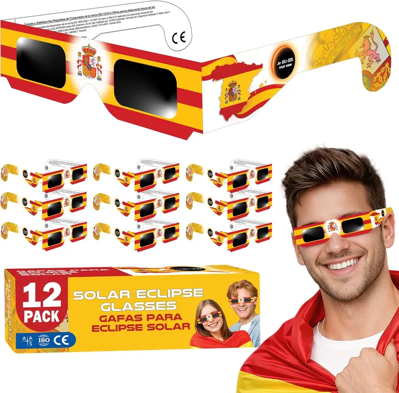 Galaxium ▫️ Óculos de eclipse solar 2026 [Conjunto de 12] para meninos e meninas - Temas: Espanha, Animais, Alienígenas, Astronautas, Dinossauros - Aprovados pela AAS, ISO 12312-2 e CE