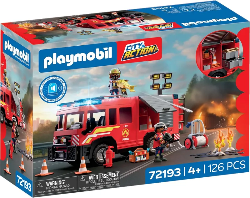 PLAYMOBIL ▫️ City Action | Veículo de Resgate dos Bombeiros | Veículo de Emergência com luz, som, canhão de extinção e acessórios | A partir dos 4 anos | 72193