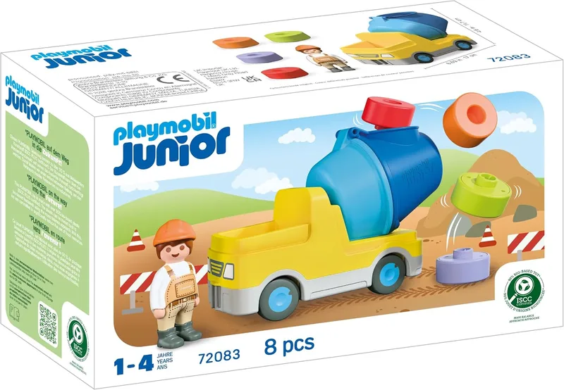 PLAYMOBIL ▫️ Junior | Betoneira | Veículo de obra colorido com tambor amovível e blocos encaixáveis | para crianças a partir dos 4 anos | 72083