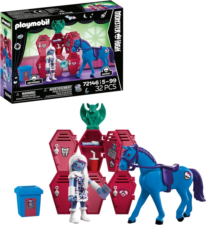 PLAYMOBIL ▫️ Monster High™ | Abbey nos cacifos | Cena no corredor da escola com Abbey Bominable, Nightmare, livro fosforescente e cacifos | para fãs a partir dos 5 anos | 72146