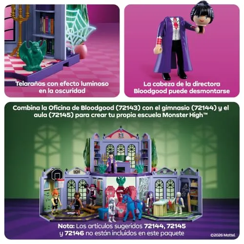 PLAYMOBIL ▫️ Monster High™ | Gabinete da Bloodgood | Conjunto de escritório com a diretora sem cabeça, secretária, relíquias e teias de aranha fosforescentes | para fãs a partir dos 5 anos | 72143 5