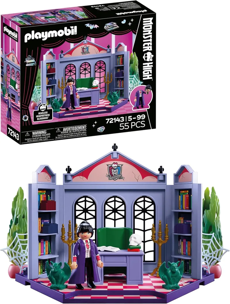 PLAYMOBIL ▫️ Monster High™ | Gabinete da Bloodgood | Conjunto de escritório com a diretora sem cabeça, secretária, relíquias e teias de aranha fosforescentes | para fãs a partir dos 5 anos | 72143