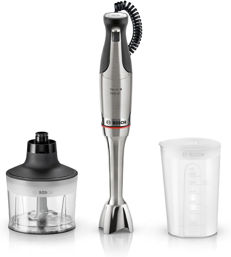 Bosch ▫️ Batedeira manual, série ErgoMaster 8, motor de 1 500 watts, regulação intuitiva da velocidade, lâmina com 6 lâminas, acessórios incluídos, aço inoxidável, MSM8M930