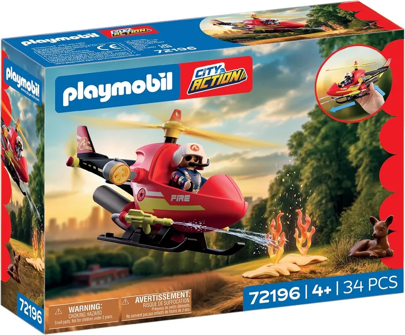 PLAYMOBIL ▫️ City Action | Helicóptero dos Bombeiros | Helicóptero de Emergência com função de jato de água, piloto e acessórios de resgate | para crianças a partir dos 4 anos | 72196