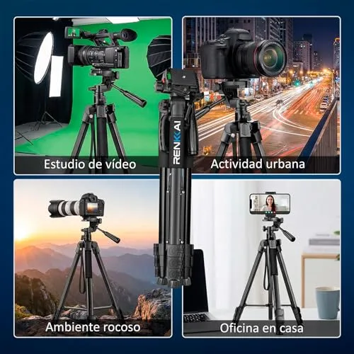 RENKKAI ▫️ 182 cm | Tripé para câmara | Superestável | Tripé para telemóvel | Tripé com coluna transversal | Tripé | Suporte para telemóvel + Controlo remoto para fotografias + Saco de transporte INCLUÍDOS | até 3 kg 2