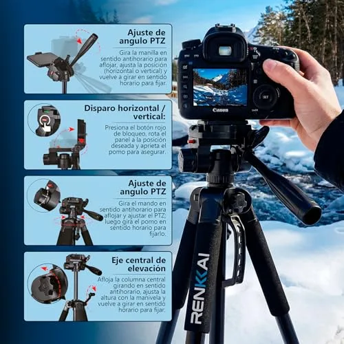 RENKKAI ▫️ 182 cm | Tripé para câmara | Superestável | Tripé para telemóvel | Tripé com coluna transversal | Tripé | Suporte para telemóvel + Controlo remoto para fotografias + Saco de transporte INCLUÍDOS | até 3 kg 5