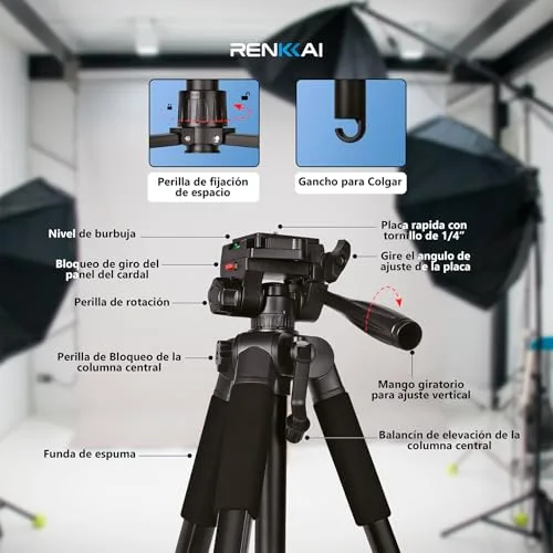 RENKKAI ▫️ 182 cm | Tripé para câmara | Superestável | Tripé para telemóvel | Tripé com coluna transversal | Tripé | Suporte para telemóvel + Controlo remoto para fotografias + Saco de transporte INCLUÍDOS | até 3 kg 6