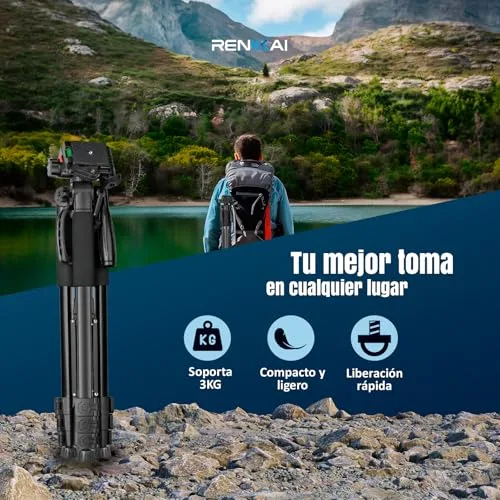 RENKKAI ▫️ 182 cm | Tripé para câmara | Superestável | Tripé para telemóvel | Tripé com coluna transversal | Tripé | Suporte para telemóvel + Controlo remoto para fotografias + Saco de transporte INCLUÍDOS | até 3 kg 7