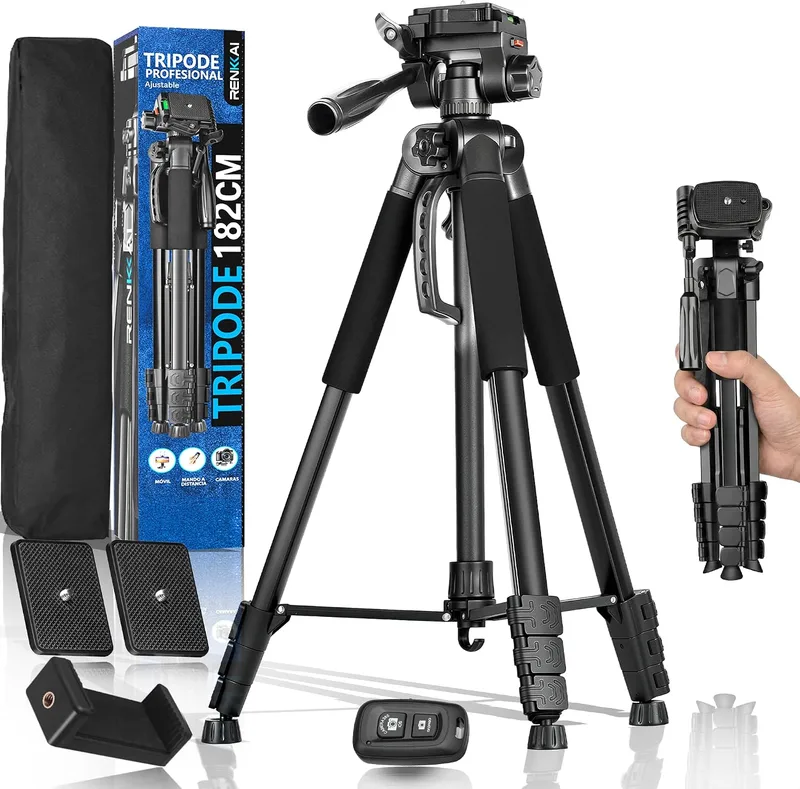 RENKKAI ▫️ 182 cm | Tripé para câmara | Superestável | Tripé para telemóvel | Tripé com coluna transversal | Tripé | Suporte para telemóvel + Controlo remoto para fotografias + Saco de transporte INCLUÍDOS | até 3 kg