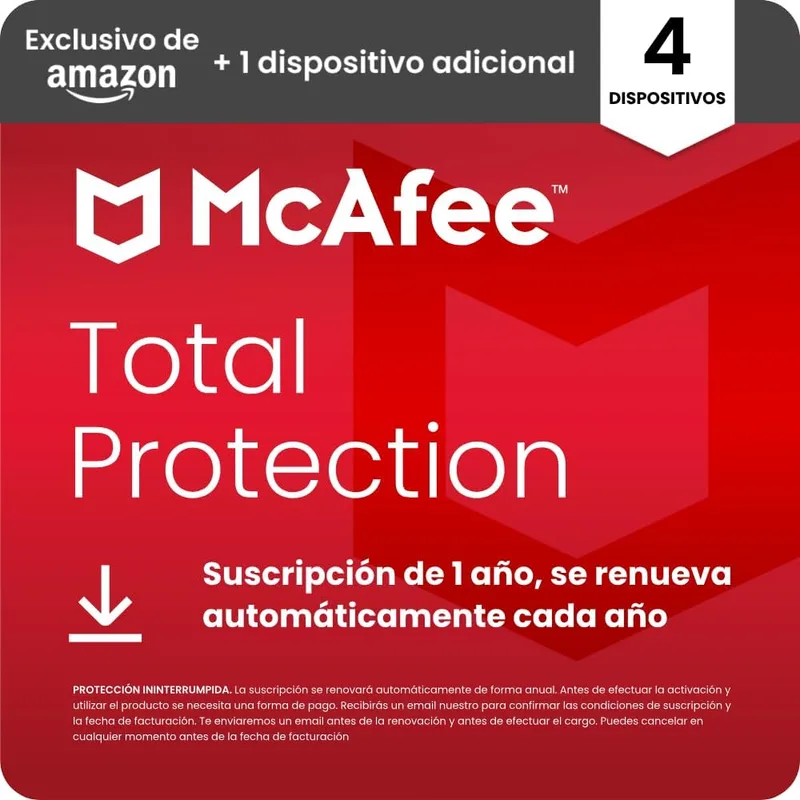 McAfee ▫️ Total Protection for 4 plus 1 additional Devices 2026 | Anti-vírus, VPN, software de segurança, gestor de palavras-passe, | Assinatura de 1 ano com renovação automática | Transferência