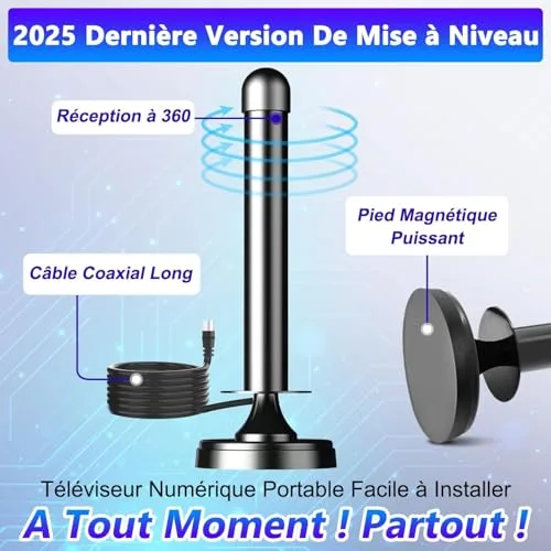 DGUPSP ▫️ Antena de TV de interior potente com amplificador de sinal de alto ganho – Recepção de 360° de longo alcance, base magnética para fácil fixação, compatível com televisores HD/4K 4