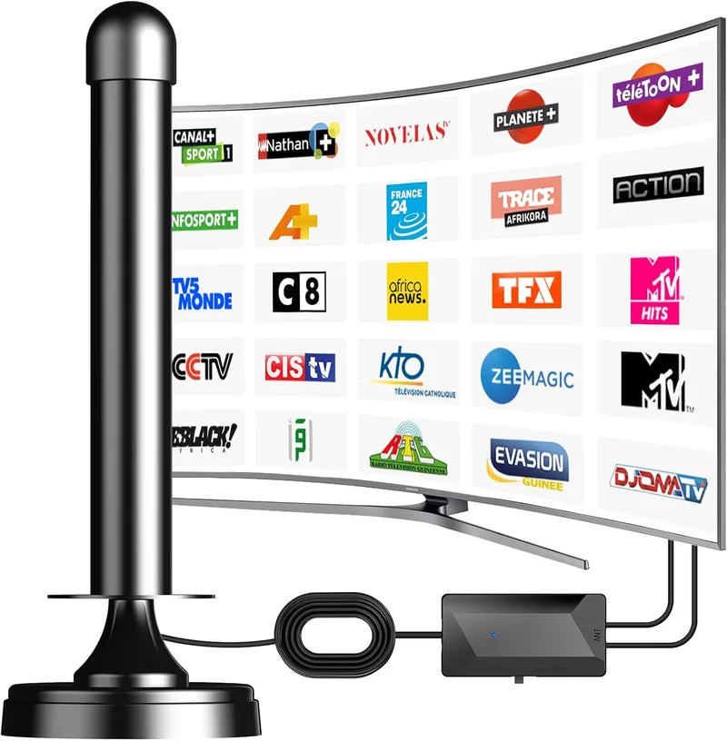 DGUPSP ▫️ Antena de TV de interior potente com amplificador de sinal de alto ganho – Recepção de 360° de longo alcance, base magnética para fácil fixação, compatível com televisores HD/4K