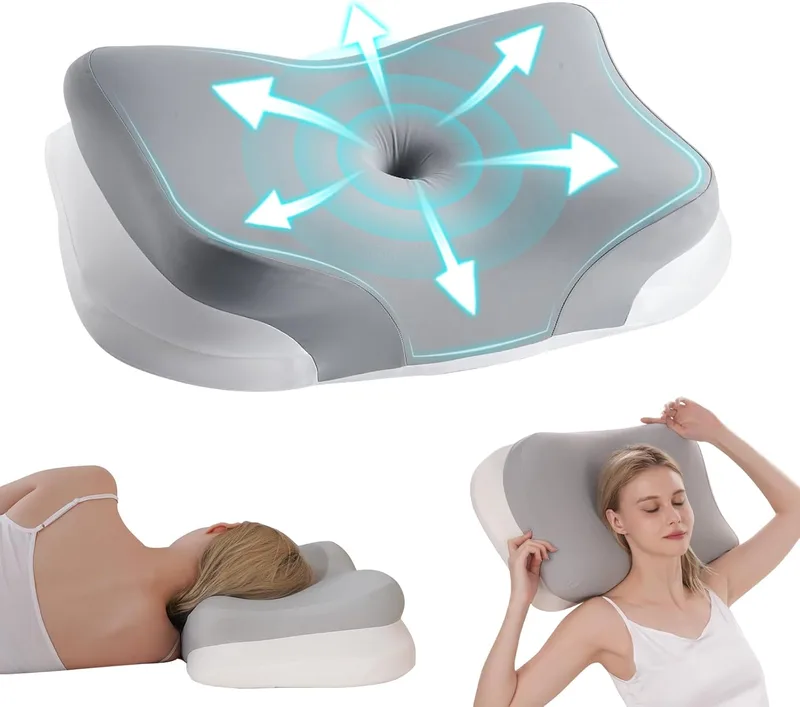 KEVIAN ▫️ Almofada cervical ergonómica em espuma viscoelástica, cinzenta, 60 x 37 x 12 cm | Adequada para dormir de lado, de barriga para cima e de barriga para baixo, com capas removíveis e laváveis