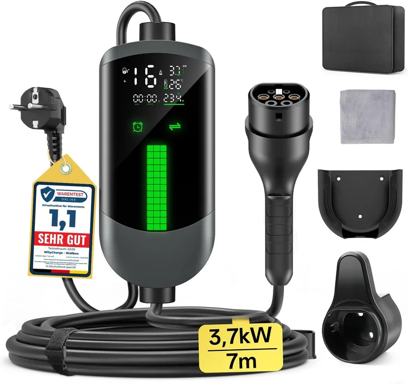 WityCharge ▫️ Carregador de carro elétrico Wallbox 3,7kW - 7M/6-16A Cabo de carregamento de carro elétrico monofásico, carregador portátil tipo 2 EV, ecrã LCD, controlável, IP65, para a maioria dos EVs (IEC 62196-2) e PHEVS