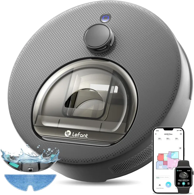 Lefant ▫️ M330 Plus — Aspirador e esfregador de chão robótico 3 em 1, 150 min de autonomia, 5000 Pa de potência, navegação dToF, sistema anti-emaranhamento para animais de estimação, Wi-Fi/aplicação/Alexa, cinzento