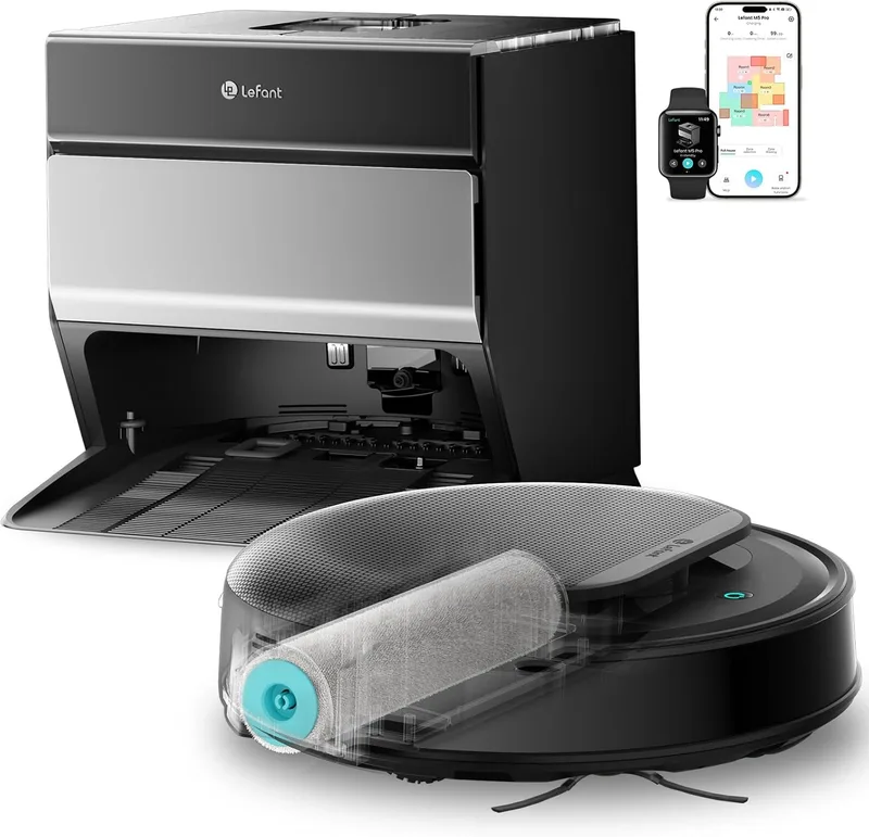 Lefant ▫️ Aspirador de pó robô M5 Pro e esfregão com base autodrenante, 18000 Pa, autolimpeza de 120 dias, autodrenagem 3.2L, lavagem 75 ℃, navegação a laser dToF, WiFi 5G / App / Alexa, prata