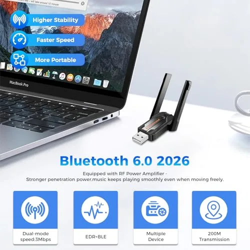 Quevati ▫️ Adaptador Bluetooth 6.0 para PC, USB de longo alcance, Plug and Play, para computador de secretária, portátil e PC 3