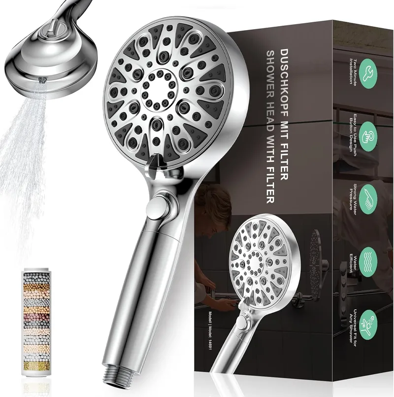 AIMAX ▫️ Chuveiro com filtro, chuveiro de mão de alta pressão com filtragem multicamadas, 10 modos, anticalcário e poupança de água, cabeça de duche pressurizada para casa de banho e animais de estimação (G1/2)