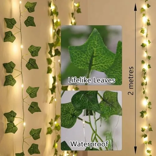 Kimuwote ▫️ Guirlanda de luzes LED com jasmim artificial, 2 m, jasmim artificial, 20 LEDs, folhas verdes, ramo de jasmim, guirlanda luminosa, bateria com função de temporizador, coroa de flores, plantas de interior, casamento 2