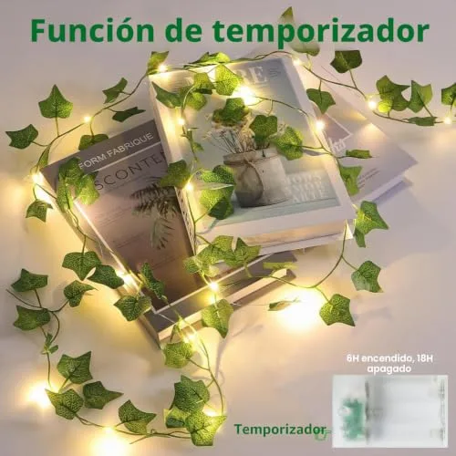 Kimuwote ▫️ Guirlanda de luzes LED com jasmim artificial, 2 m, jasmim artificial, 20 LEDs, folhas verdes, ramo de jasmim, guirlanda luminosa, bateria com função de temporizador, coroa de flores, plantas de interior, casamento 3