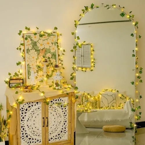 Kimuwote ▫️ Guirlanda de luzes LED com jasmim artificial, 2 m, jasmim artificial, 20 LEDs, folhas verdes, ramo de jasmim, guirlanda luminosa, bateria com função de temporizador, coroa de flores, plantas de interior, casamento 5