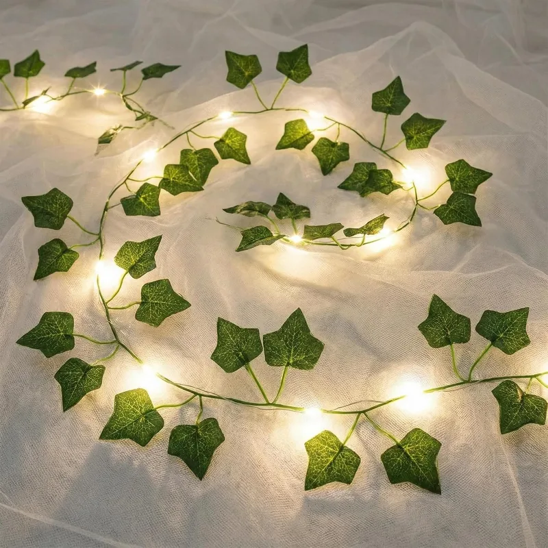Kimuwote ▫️ Guirlanda de luzes LED com jasmim artificial, 2 m, jasmim artificial, 20 LEDs, folhas verdes, ramo de jasmim, guirlanda luminosa, bateria com função de temporizador, coroa de flores, plantas de interior, casamento