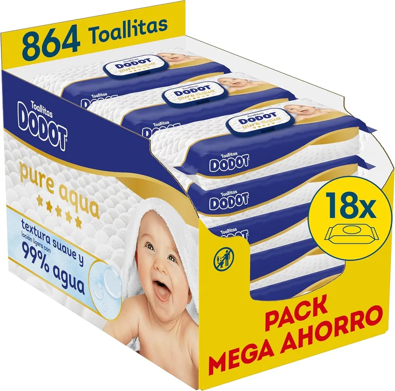 DODOT ▫️ Toalhitas Pure Aqua para bebés, 864 toalhitas (18 embalagens de 48 unidades), ajudam a restaurar o pH natural da pele, 99% de água, sem plástico (embalagem de 2)