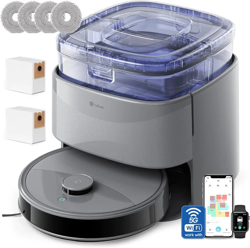 Lefant ▫️ Aspirador e esfregona robô M3 com mapeamento, 220min, 12000 Pa, automático para 3,2 L, escovas anti-emaranhamento, navegação dToF, prevenção de obstáculos PSD 190°, 5G WiFi/App/Alexa, cinzento