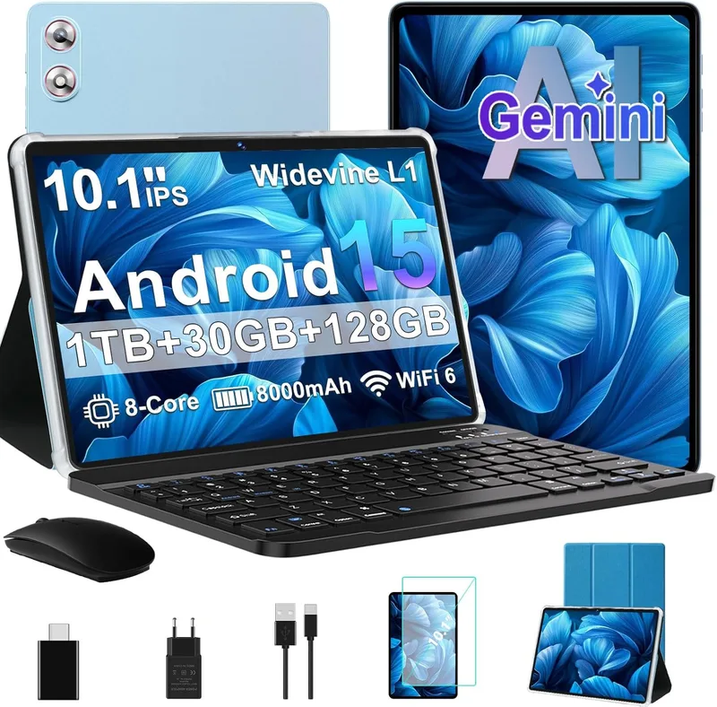 fezawio ▫️ Tablet de 10,1 polegadas Android 15 com Gemini AI, 30 GB de RAM 128 GB de ROM, expansível até 1 TB, Octa-Core, WiFi 6, Widevine L1, 8000 mAh, inclui rato, teclado e estojo, azul