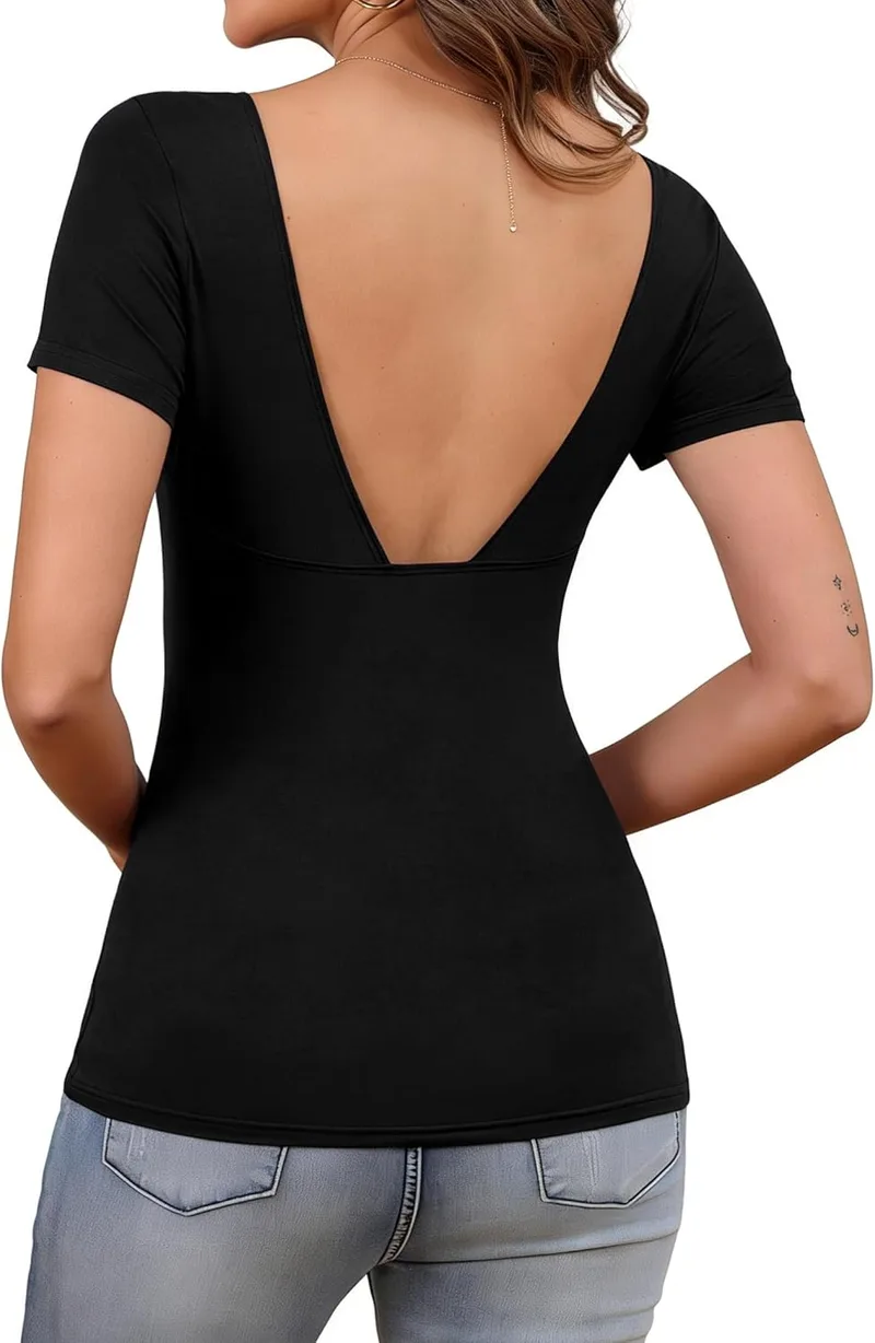 Terecey ▫️ T-shirts de manga curta para mulher com gola quadrada e costas à mostra; blusas elegantes de verão para mulher, corte justo; tops sensuais, moda casual Y2K