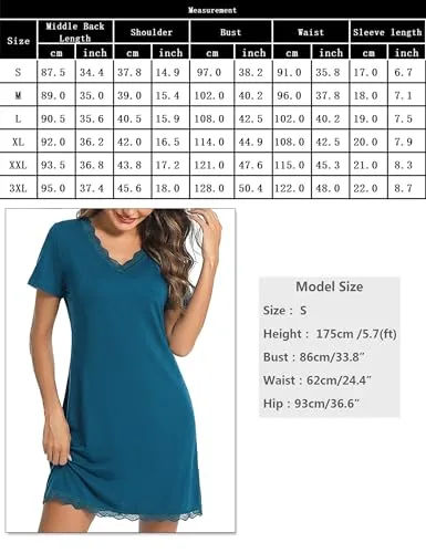 Bresdk ▫️ Camisola de manga curta para mulher, com renda e decote em V. Camisola confortável e respirável para dormir 6