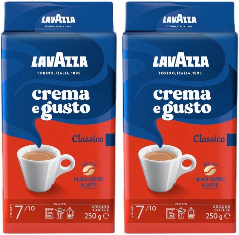 Lavazza ▫️ Crema e Gusto Classico, Café Moído Natural, Ideal para máquinas de café italianas, de filtro e francesas, com notas aromáticas de especiarias, Arábica e Robusta, Intensidade 7, Torra Escura, 250 g