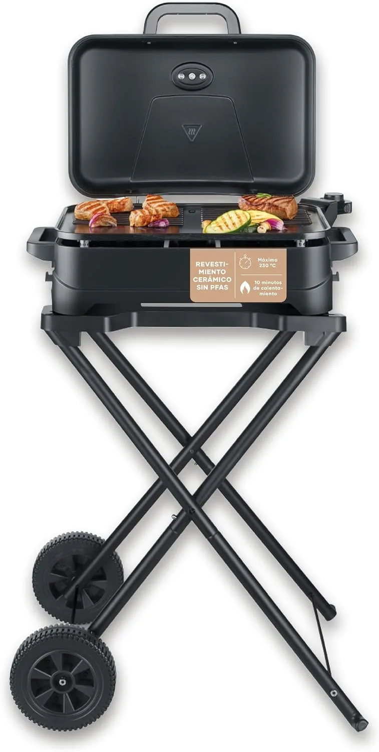 Severin ▫️ Churrasqueira elétrica 2 em 1, de pé e de mesa, 2300 W, revestimento cerâmico, máx. 230 °C, com tampa, suporte, termómetro, superfície de cozedura de 45 x 30 cm, preto mate, PG 8598