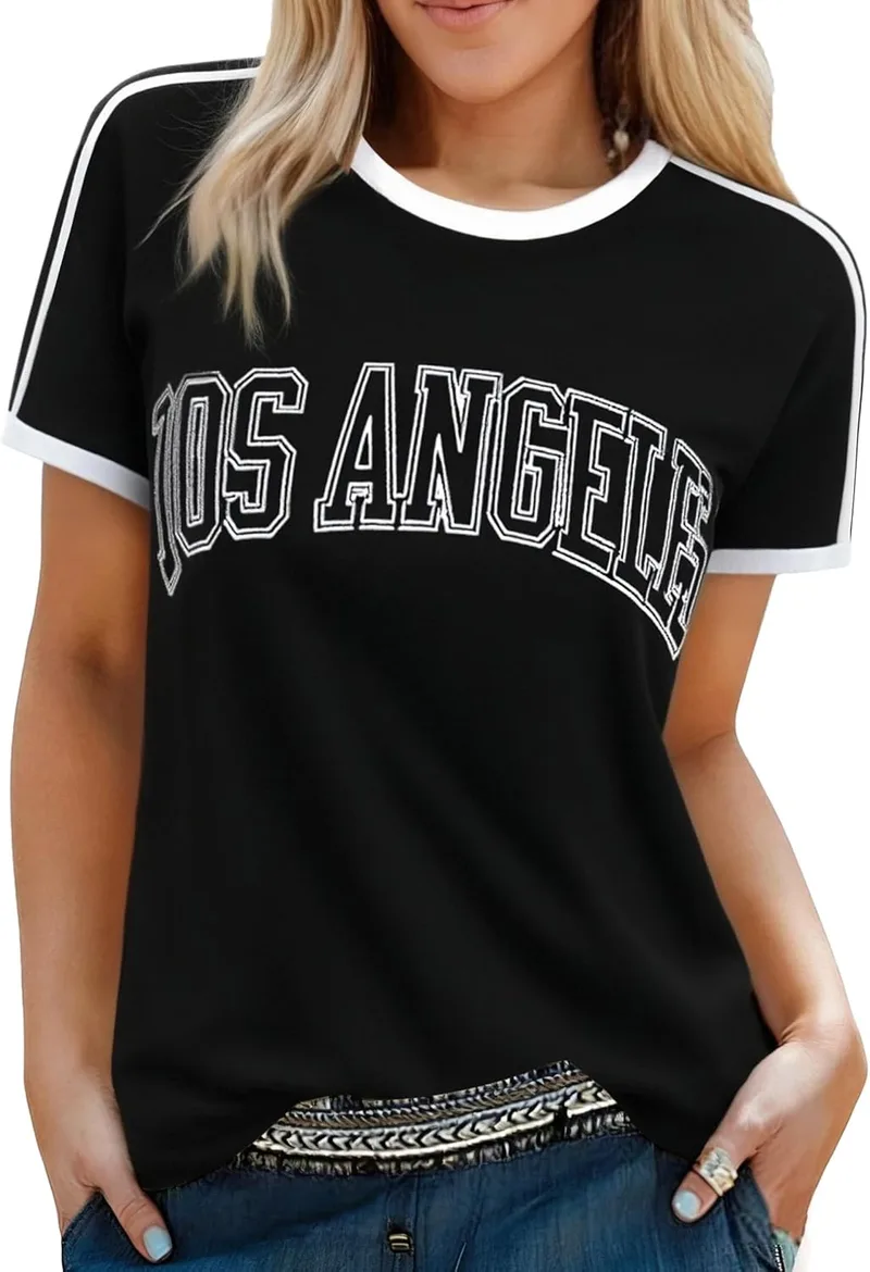 Terecey ▫️ T-shirt feminina de manga curta com gola redonda estampada de corte direito T-shirt básica casual confortável para uso diário e no verão