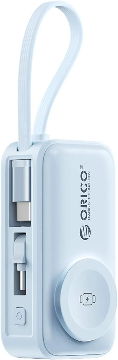 ORICO ▫️ Mini Power Bank 5000 mAh - Carregamento rápido USB-C PD de 22,5 W, cabo USB C incorporado, carregamento sem fios para Apple Watch, acessórios de viagem para iPhone 17 16 15 14, azul
