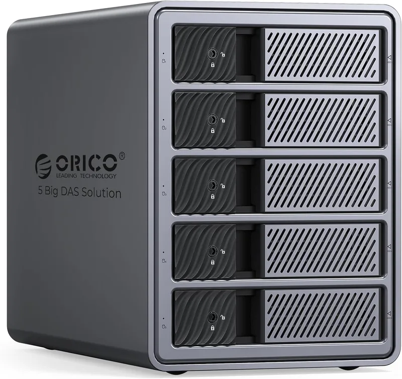 ORICO ▫️ Caixa Raid em alumínio para 5 unidades de disco rígido de 3,5" até 5X 22 TB, fonte de alimentação de 150 W incorporada, com ventoinha, suporte para Raid 0/1/5/10 (9858RU3)