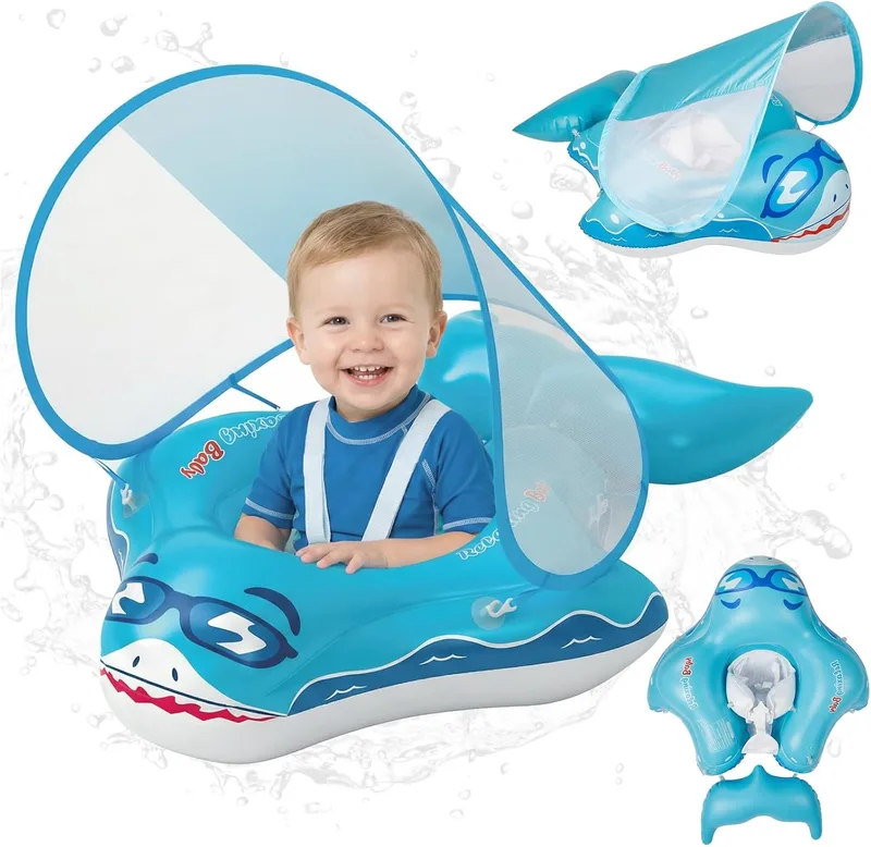 Ninonly ▫️ Flutuador para Bebés com Guarda-sol UV UPF 50+ Flutuador Inflável para Bebés com Proteção Solar e Sistema Anti-Capotamento para Piscina, com Assento e Encosto, para Crianças dos 12 aos 36 Meses