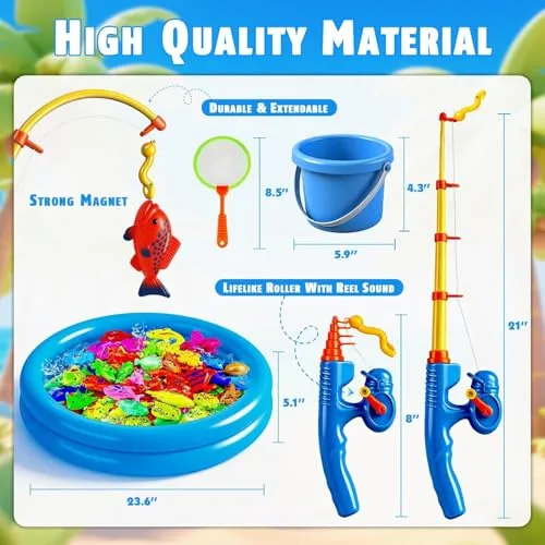 CozyBomB ▫️ Conjunto de Pesca Magnética XXL de 59 peças com piscina insuflável - Brinquedo de praia, campismo e atividades ao ar livre para crianças dos 3 aos 5 anos - Conjunto de férias com 2 canas, 2 redes, 2 baldes e saco de transporte 2
