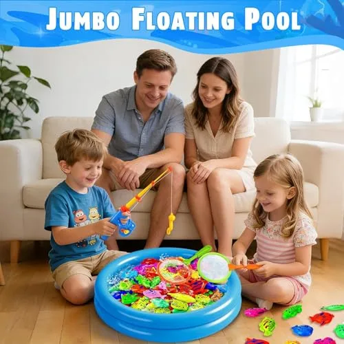 CozyBomB ▫️ Conjunto de Pesca Magnética XXL de 59 peças com piscina insuflável - Brinquedo de praia, campismo e atividades ao ar livre para crianças dos 3 aos 5 anos - Conjunto de férias com 2 canas, 2 redes, 2 baldes e saco de transporte 3