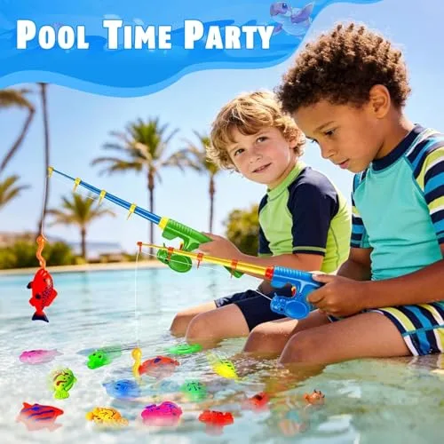 CozyBomB ▫️ Conjunto de Pesca Magnética XXL de 59 peças com piscina insuflável - Brinquedo de praia, campismo e atividades ao ar livre para crianças dos 3 aos 5 anos - Conjunto de férias com 2 canas, 2 redes, 2 baldes e saco de transporte 4