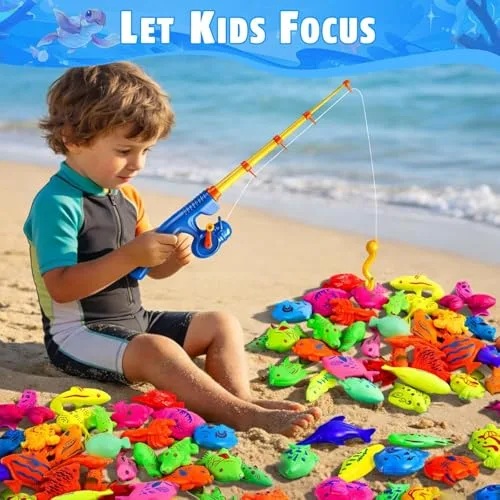 CozyBomB ▫️ Conjunto de Pesca Magnética XXL de 59 peças com piscina insuflável - Brinquedo de praia, campismo e atividades ao ar livre para crianças dos 3 aos 5 anos - Conjunto de férias com 2 canas, 2 redes, 2 baldes e saco de transporte 5