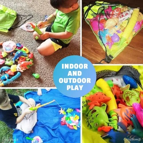 CozyBomB ▫️ Conjunto de Pesca Magnética XXL de 59 peças com piscina insuflável - Brinquedo de praia, campismo e atividades ao ar livre para crianças dos 3 aos 5 anos - Conjunto de férias com 2 canas, 2 redes, 2 baldes e saco de transporte 7