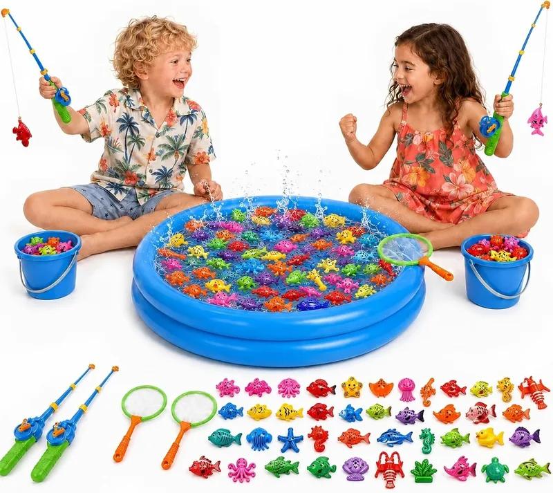 CozyBomB ▫️ Conjunto de Pesca Magnética XXL de 59 peças com piscina insuflável - Brinquedo de praia, campismo e atividades ao ar livre para crianças dos 3 aos 5 anos - Conjunto de férias com 2 canas, 2 redes, 2 baldes e saco de transporte