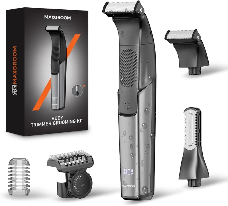 MAXGROOM ▫️ Máquina de barbear corporal 2 em 1 para homem, depiladora corporal masculina com pente ajustável para o corpo e zonas íntimas, húmida e seca, ecrã LED e recarregável tipo C, preto