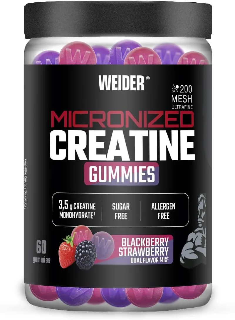 Weider ▫️ Gomas de creatina micronizada (60 gomas) Sabor DUO Morango-Amora, com 3,5 g de creatina monohidratada 200 MESH por porção, certificadas por laboratório europeu, ajudam a melhorar o desempenho físico (20 porções)